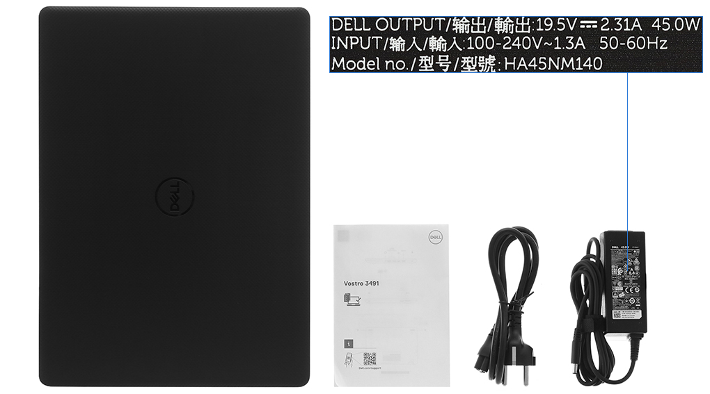 Bộ sản phẩm gồm: Dây nguồn, Sách hướng dẫn, Thùng máy, Sạc Laptop Dell