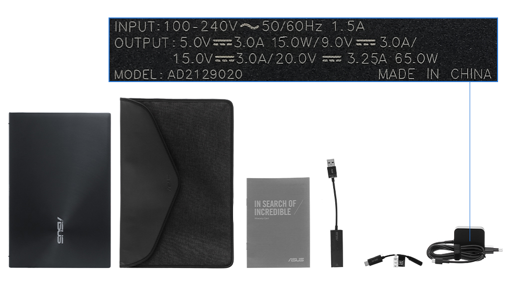 Bộ sản phẩm gồm: Dây nguồn, Sách hướng dẫn, Bao da, Cáp ( Type C to 3.5mm ) , Adapter chuyển ( USB to LAN ) , Sạc Laptop Asus