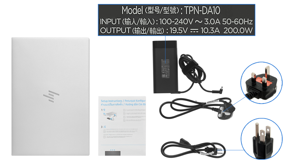Bộ sản phẩm gồm: Dây nguồn ( 2 dây ) , Sách hướng dẫn, Adapter sạc, Sạc Laptop HP
