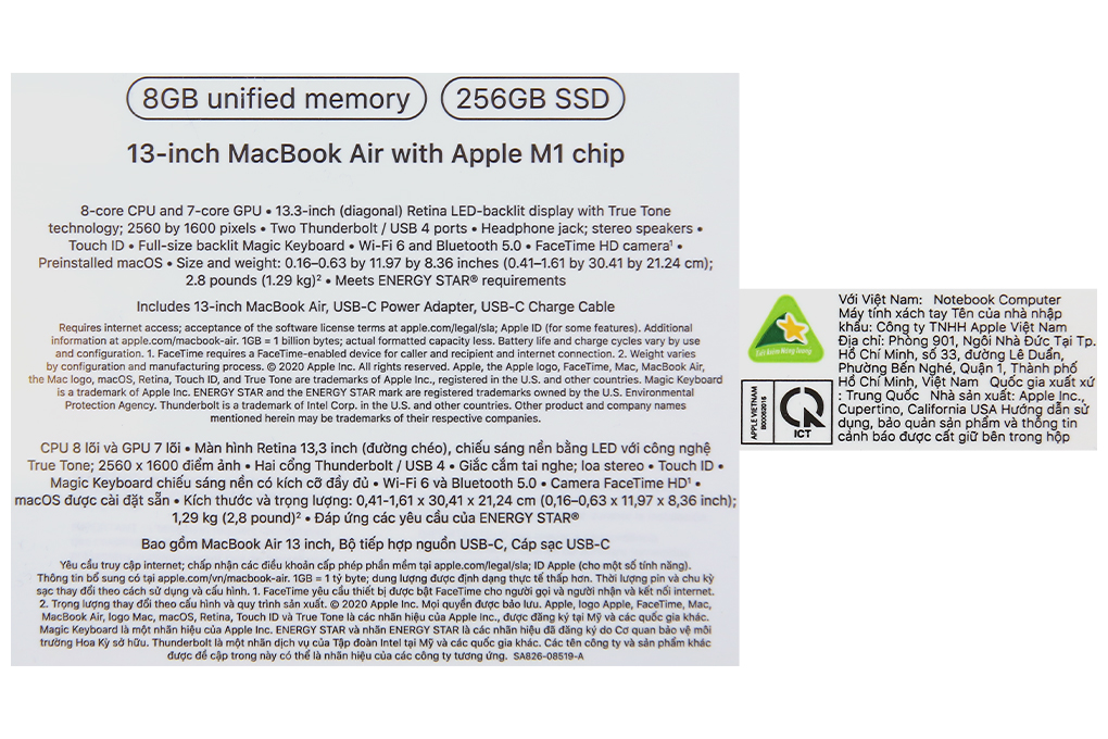 Laptop MacBook Air 13 inch M1 8GB/256GB (MGN63SA/A) Màu Xám