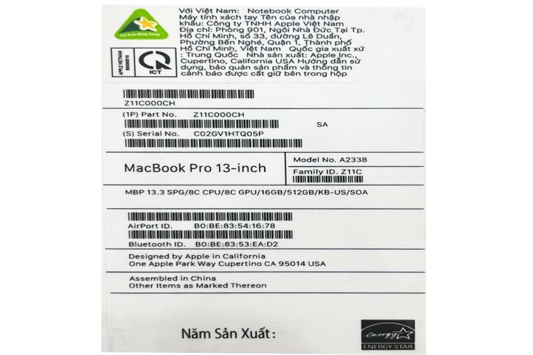 Laptop Apple MacBook Pro 13 inch M1 2020 8-core CPU/16GB/512GB/8-core GPU (Z11C) Màu Xám