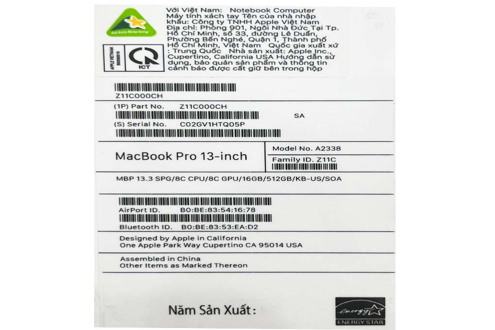 Laptop Apple MacBook Pro 13 inch M1 2020 8-core CPU/16GB/512GB/8-core GPU (Z11C) Màu Xám