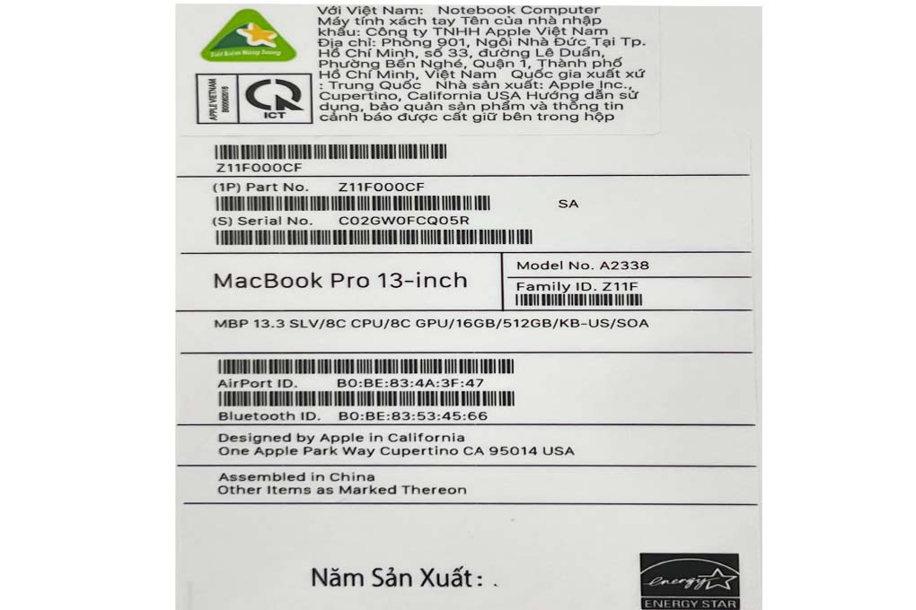 Laptop Apple MacBook Pro 13 inch M1 2020 8-core CPU/16GB/512GB/8-core GPU (Z11D000E7) Màu Bạc