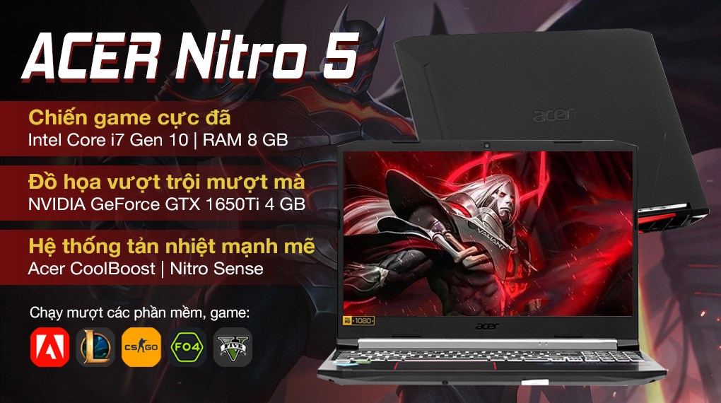 Laptop Acer Nitro 5 Gaming A515 55 72R2 i7 10870H/8GB/512GB/144Hz/4GB GTX1650Ti/Win10 (NH.Q7NSV.005)