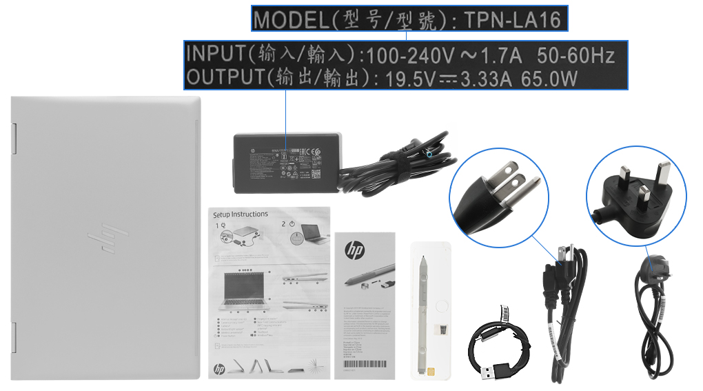 Bộ sản phẩm gồm: Dây nguồn ( 2 dây ) , Bút cảm ứng, Cáp ( cáp sạc Type C ) , Adapter chuyển, Sạc Laptop HP ( Adapter )