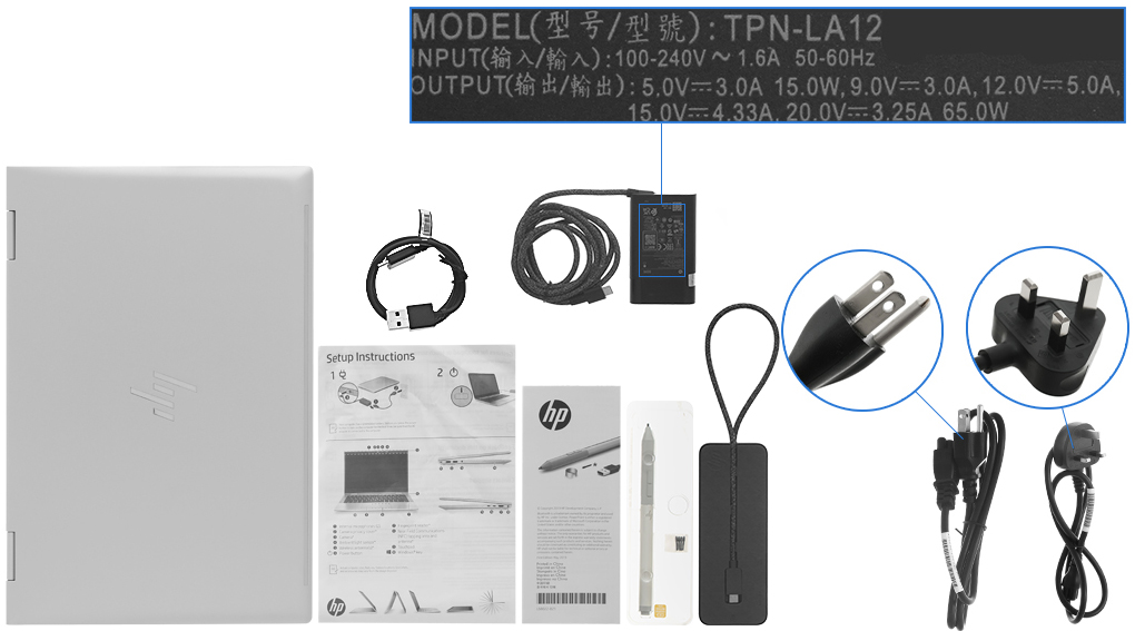 Bộ sản phẩm gồm: Dây nguồn ( 2 dây ), Bút cảm ứng, Cáp ( cáp sạc Type C ), Adapter chuyển, Sạc Laptop HP ( adapter )
