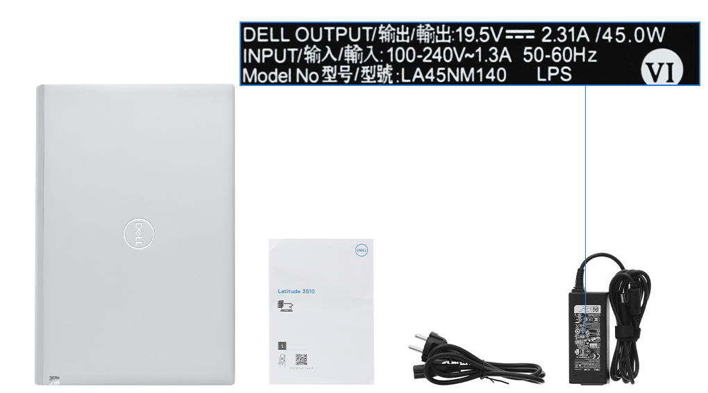 Bộ sản phẩm gồm: Dây nguồn, Sách hướng dẫn, Thùng máy, Sạc Laptop Dell