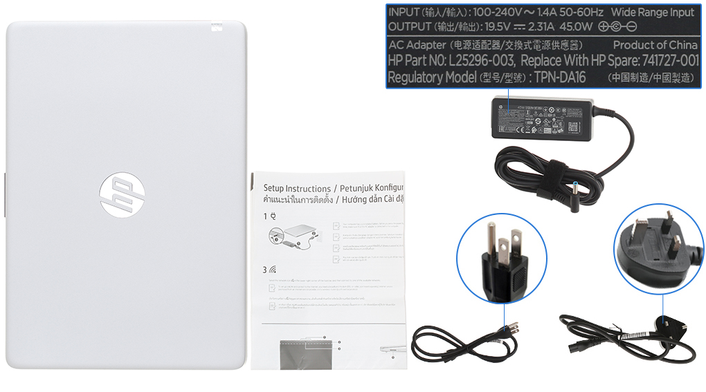 Bộ sản phẩm gồm: Dây nguồn ( 2 dây ) , Sách hướng dẫn, Thùng máy, Sạc Laptop HP