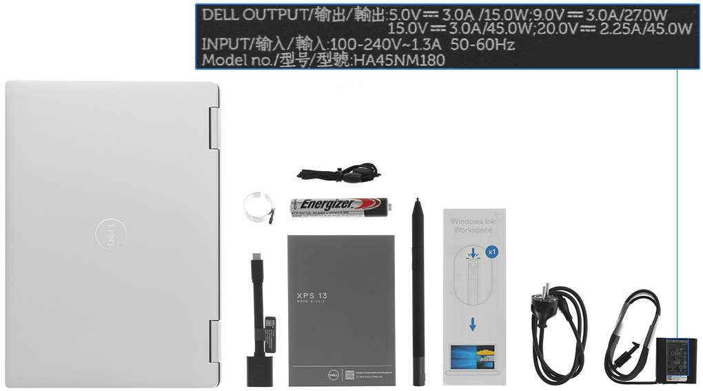 Bộ sản phẩm gồm: Dây nguồn, Sách hướng dẫn, Thùng máy, Adapter chuyển ( Type C to USB A ) , Sạc Laptop Dell