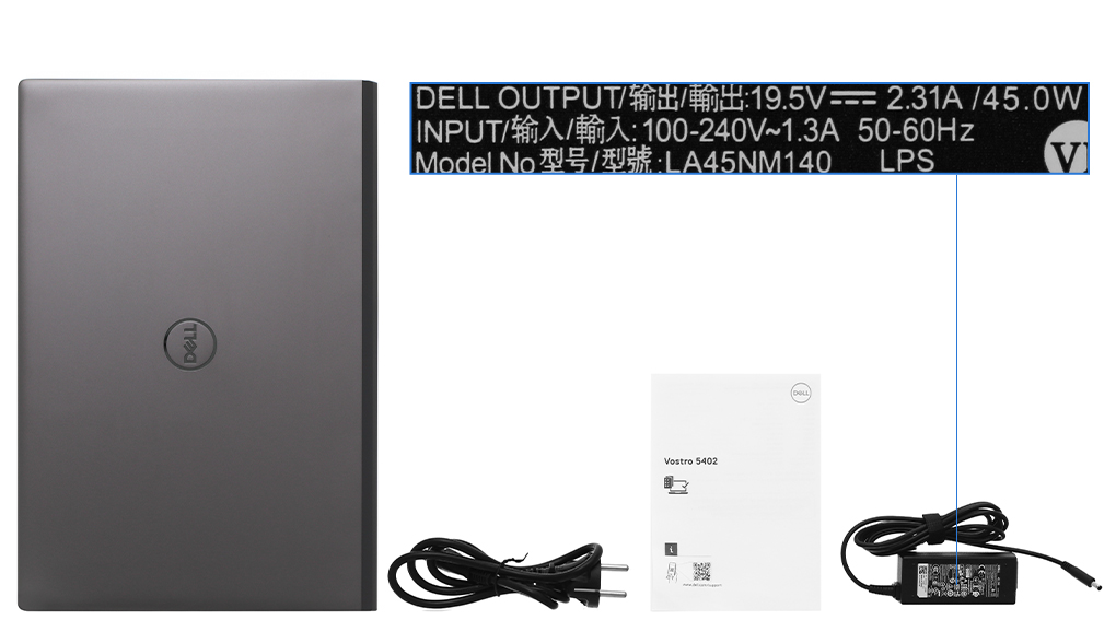 Bộ sản phẩm gồm: Dây nguồn, Sách hướng dẫn, Thùng máy, Sạc Laptop Dell