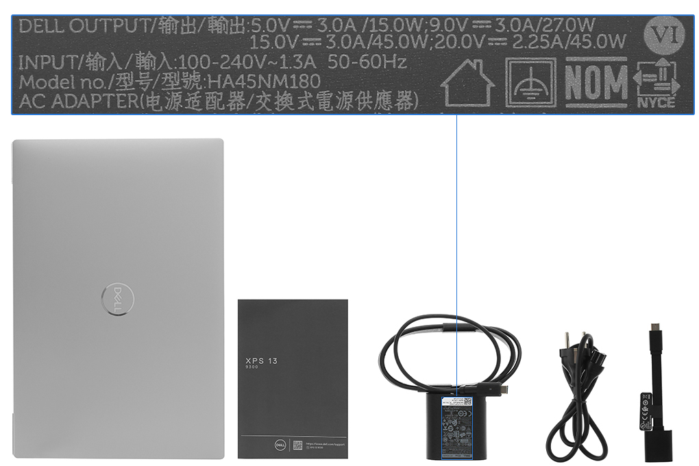 Bộ sản phẩm gồm: Dây nguồn, Sách hướng dẫn, Thùng máy, Adapter chuyển ( Type C to USB A ) , Sạc Laptop Dell