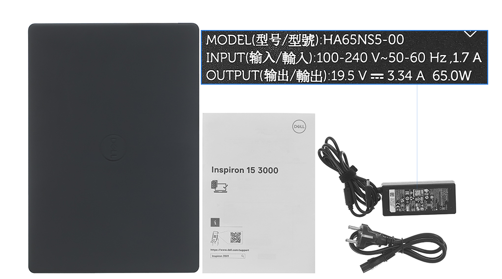 Bộ sản phẩm gồm: Dây nguồn, Sách hướng dẫn, Thùng máy, Sạc Laptop Dell