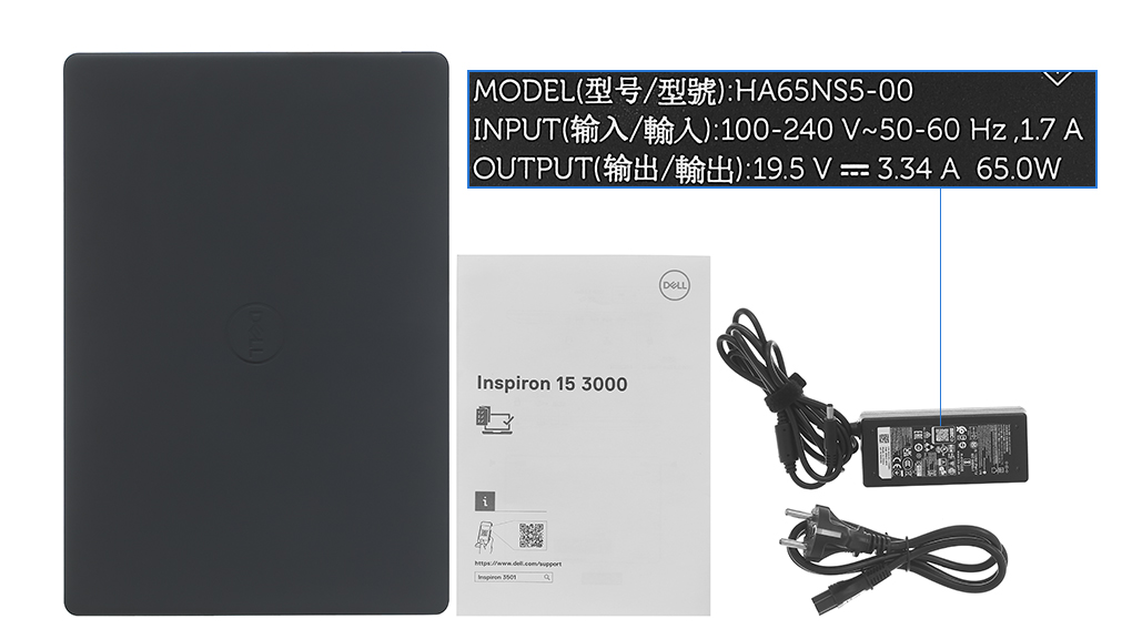 Bộ sản phẩm gồm: Dây nguồn, Sách hướng dẫn, Thùng máy, Sạc Laptop Dell