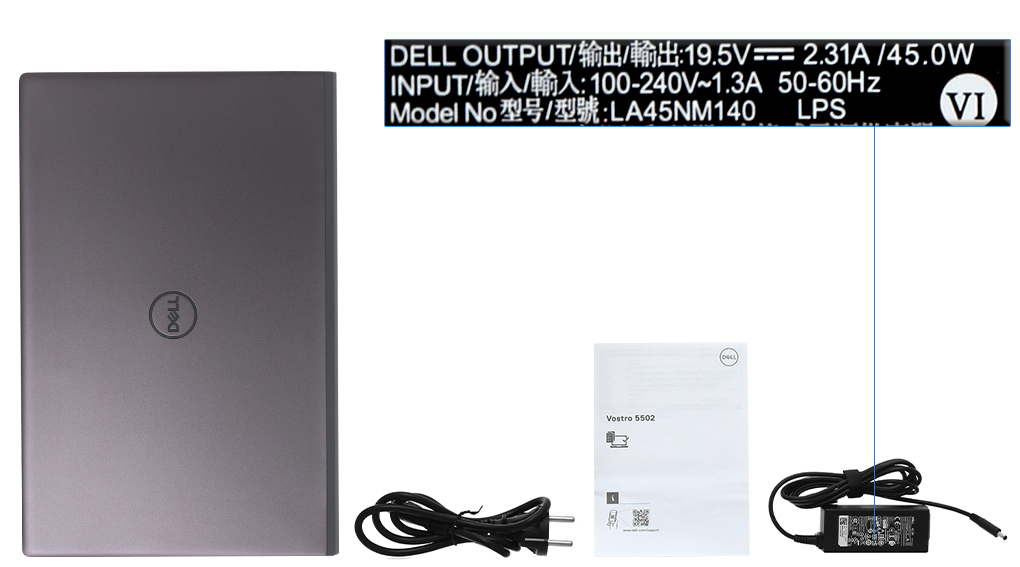 Bộ sản phẩm gồm: Dây nguồn, Sách hướng dẫn, Thùng máy, Sạc Laptop Dell