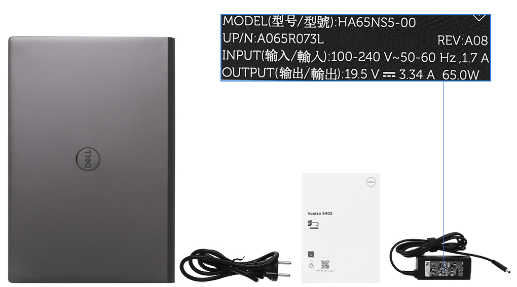 Bộ sản phẩm gồm: Dây nguồn, Sách hướng dẫn, Thùng máy, Sạc Laptop Dell