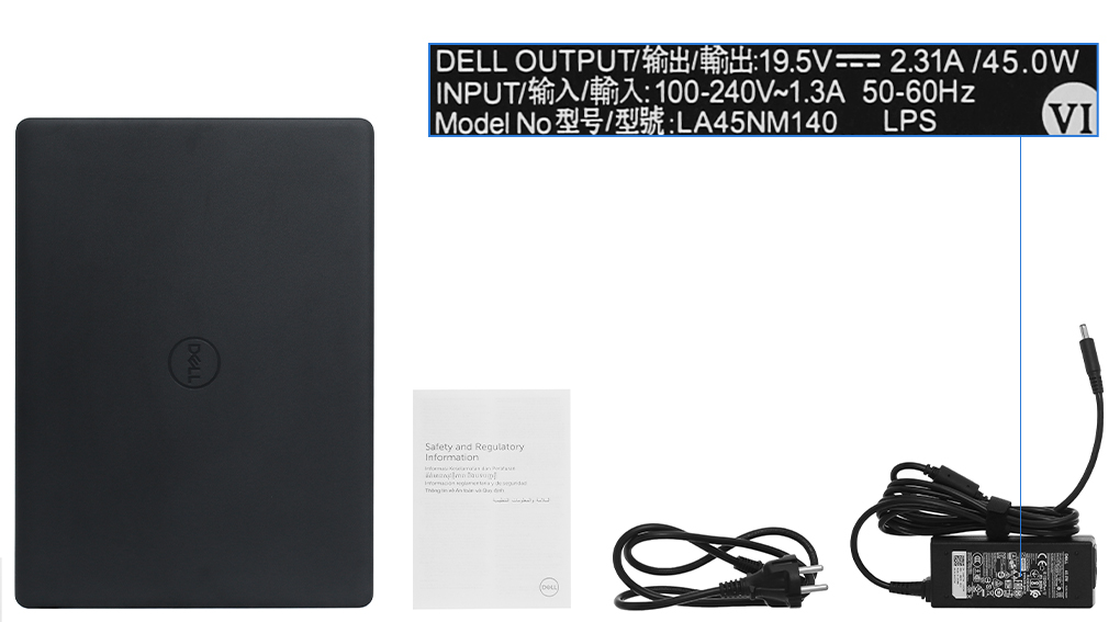 Bộ sản phẩm gồm: Dây nguồn, Sách hướng dẫn, Thùng máy, Sạc Laptop Dell