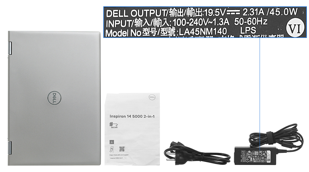 Bộ sản phẩm gồm: Dây nguồn, Sách hướng dẫn, Thùng máy, Sạc Laptop Dell