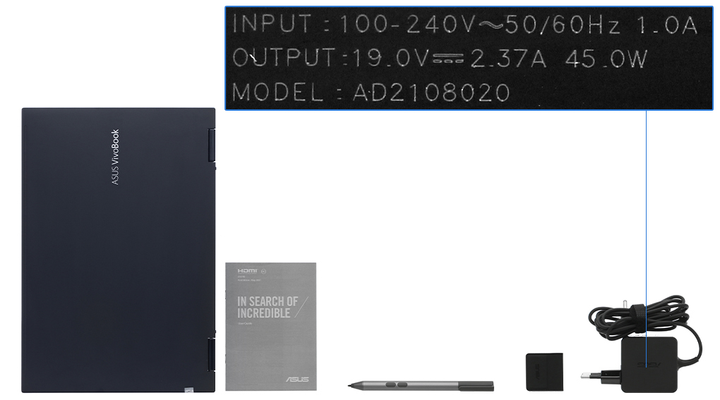 Bộ sản phẩm gồm: Sách hướng dẫn, Bút cảm ứng, Thùng máy, Sạc Laptop Asus