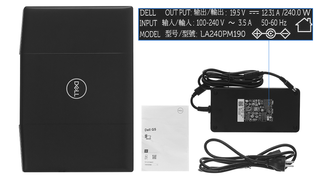 Bộ sản phẩm gồm: Dây nguồn, Sách hướng dẫn, Thùng máy, Sạc Laptop Dell