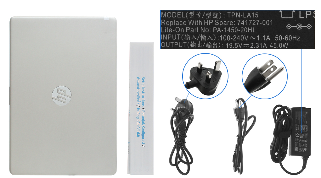 Bộ sản phẩm gồm: Dây nguồn ( 2 dây ) , Sách hướng dẫn, Thùng máy, Sạc Laptop HP