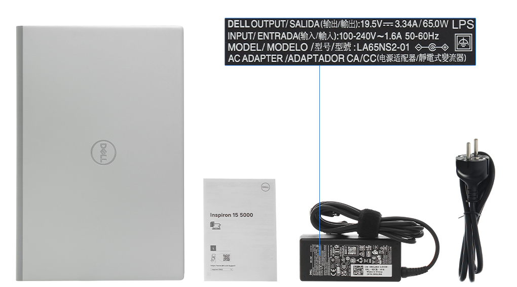 Bộ sản phẩm gồm: Dây nguồn, Sách hướng dẫn, Thùng máy, Sạc Laptop Dell
