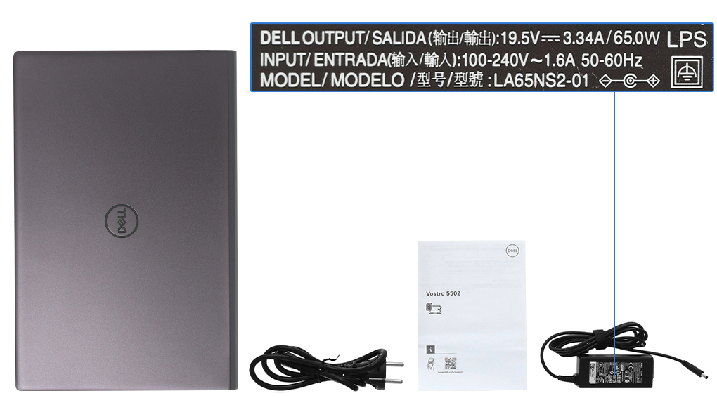 Bộ sản phẩm gồm: Dây nguồn, Sách hướng dẫn, Thùng máy, Sạc Laptop Dell