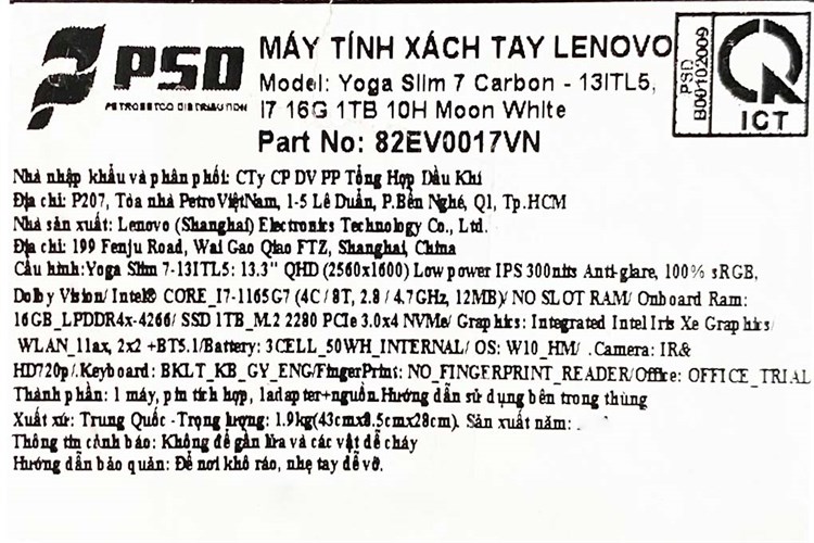 Laptop Lenovo YOGA Slim 7 Carbon 13ITL5 i7 1165G7/16GB/1TB SSD/Win10 (82EV0017VN) Màu Trắng