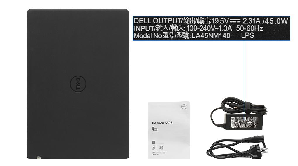 Bộ sản phẩm gồm: Dây nguồn, Sách hướng dẫn, Thùng máy, Sạc Laptop Dell