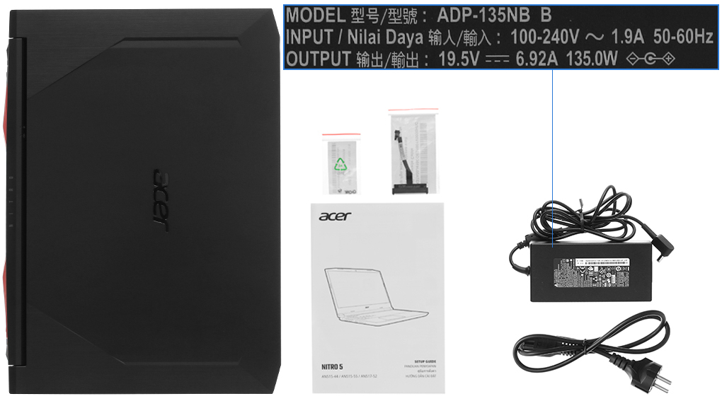 Bộ sản phẩm gồm: Dây nguồn, Sách hướng dẫn, Balo ( Trong thùng máy ) , Thùng máy, Sạc Laptop Acer