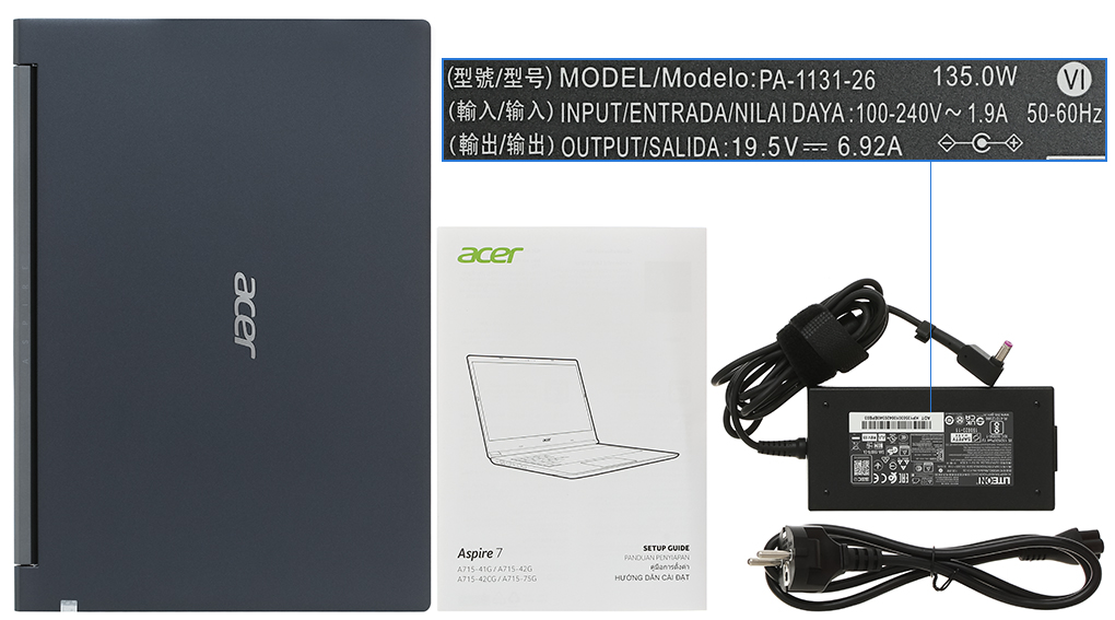 Bộ sản phẩm gồm: Dây nguồn, Sách hướng dẫn, Thùng máy, Sạc Laptop Acer