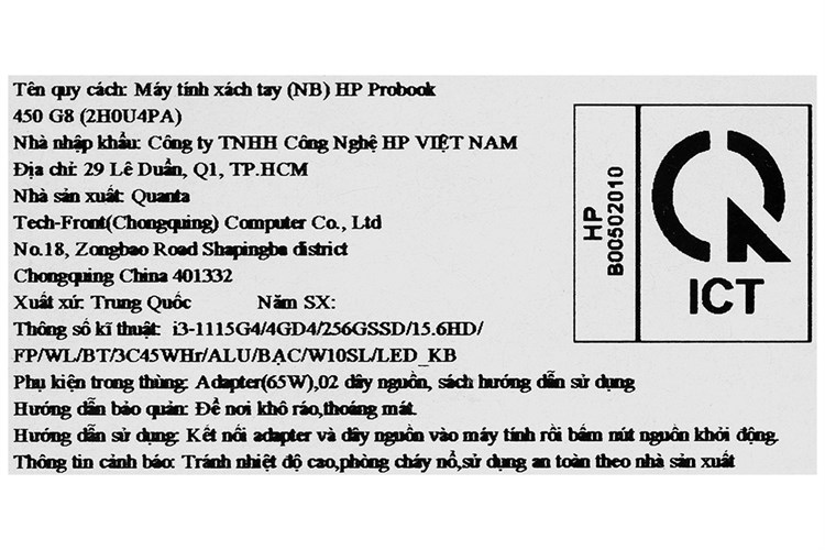 Laptop HP Probook 450 G8 i3 1115G4/4GB/256GB/15.6/Win10 (2H0U4PA) Màu Bạc