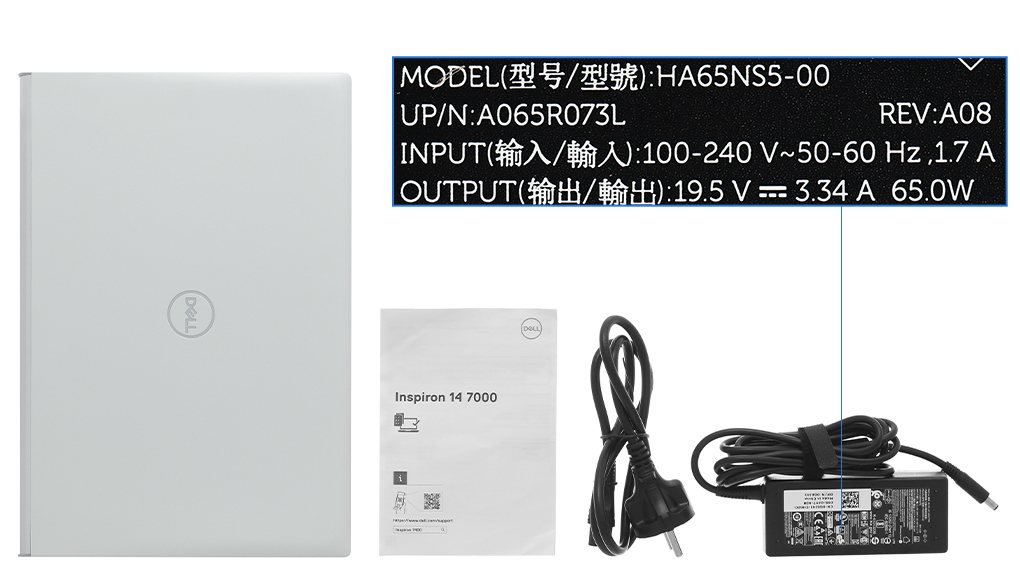 Bộ sản phẩm gồm: Dây nguồn, Sách hướng dẫn, Thùng máy, Sạc Laptop Dell