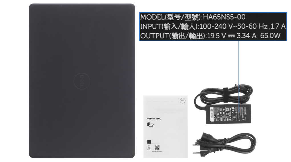 Bộ sản phẩm gồm: Dây nguồn, Sách hướng dẫn, Thùng máy, Sạc Laptop Dell