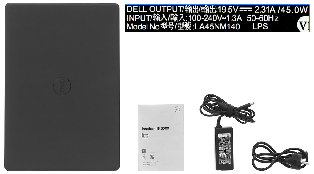 Bộ sản phẩm gồm: Dây nguồn, Sách hướng dẫn, Thùng máy, Sạc Laptop Dell