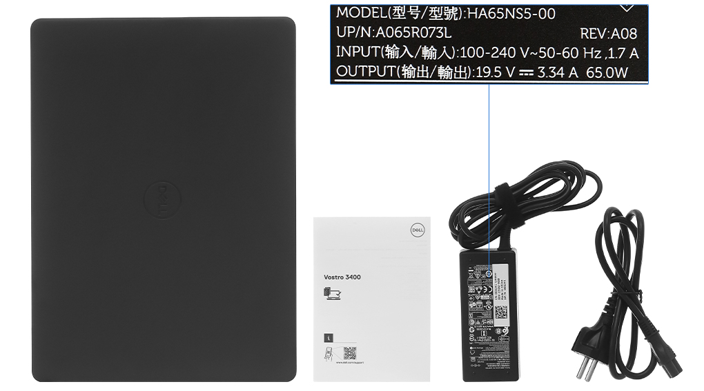 Bộ sản phẩm gồm: Dây nguồn, Sách hướng dẫn, Thùng máy, Sạc Laptop Dell