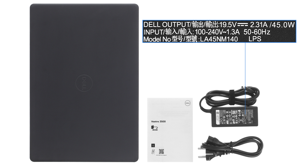 Bộ sản phẩm gồm: Dây nguồn, Sách hướng dẫn, Thùng máy, Sạc Laptop Dell