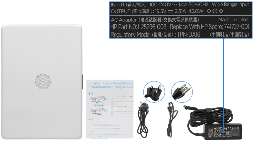 Bộ sản phẩm gồm: Dây nguồn ( 2 dây ) , Sách hướng dẫn, Thùng máy, Sạc Laptop HP