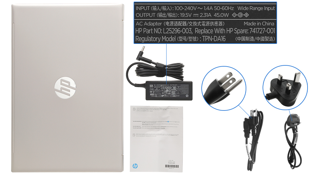 Bộ sản phẩm gồm: Dây nguồn ( 2 dây ) , Sách hướng dẫn, Thùng máy, Sạc Laptop HP