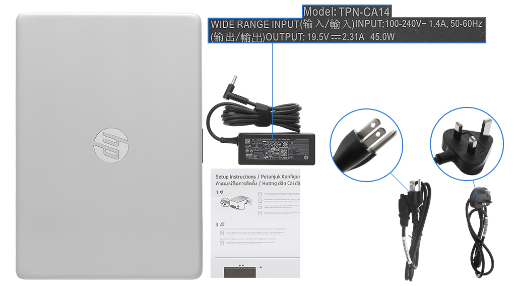 Bộ sản phẩm gồm: Dây nguồn ( 2 dây ) , Sách hướng dẫn, Thùng máy, Sạc Laptop HP