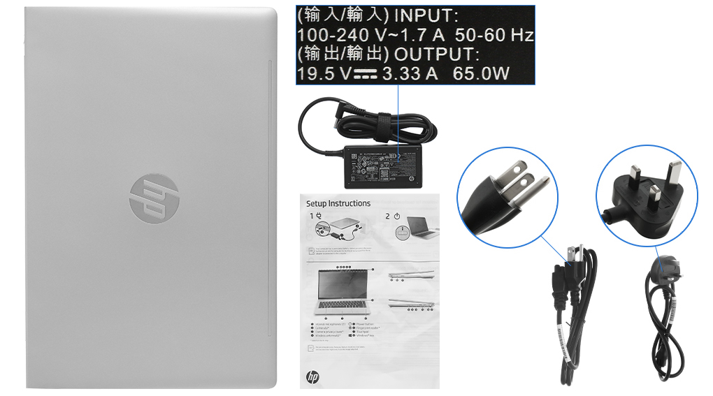 Bộ sản phẩm gồm: Dây nguồn ( 2 dây ) , Sách hướng dẫn, Thùng máy, Sạc Laptop HP