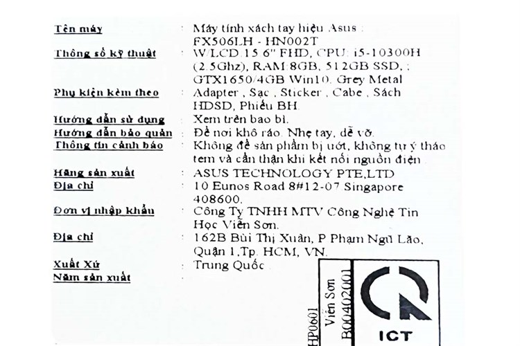 Laptop Asus TUF Gaming FX506LH i5 10300H/8GB/512GB/144Hz/4GB GTX1650/Win10 (HN002T) Màu Xám