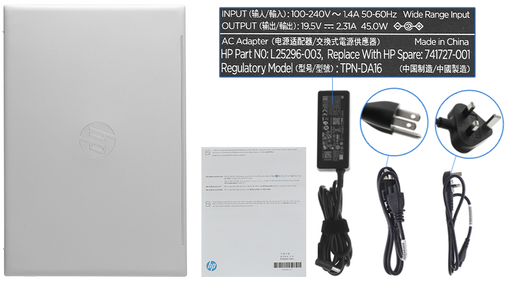 Bộ sản phẩm gồm: Dây nguồn ( 2 dây ) , Sách hướng dẫn, Thùng máy, Sạc Laptop HP