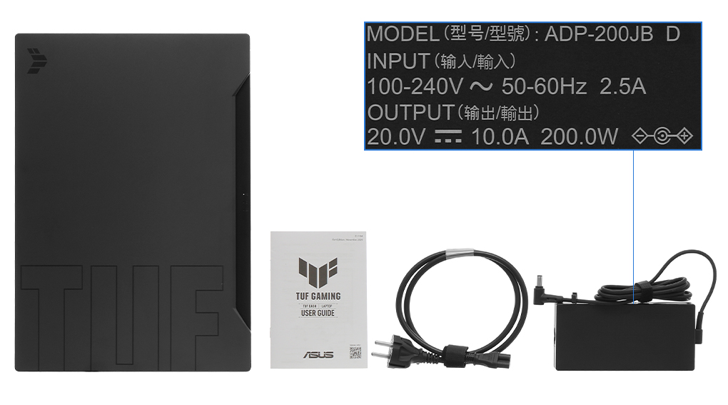 Bộ sản phẩm gồm: Dây nguồn, Sách hướng dẫn, Thùng máy, Sạc Laptop Asus