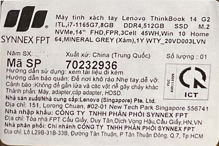 Laptop Lenovo ThinkBook 14 G2 ITL i7 1165G7/8GB/512GB/Win10 (20VD003LVN) Màu Xám