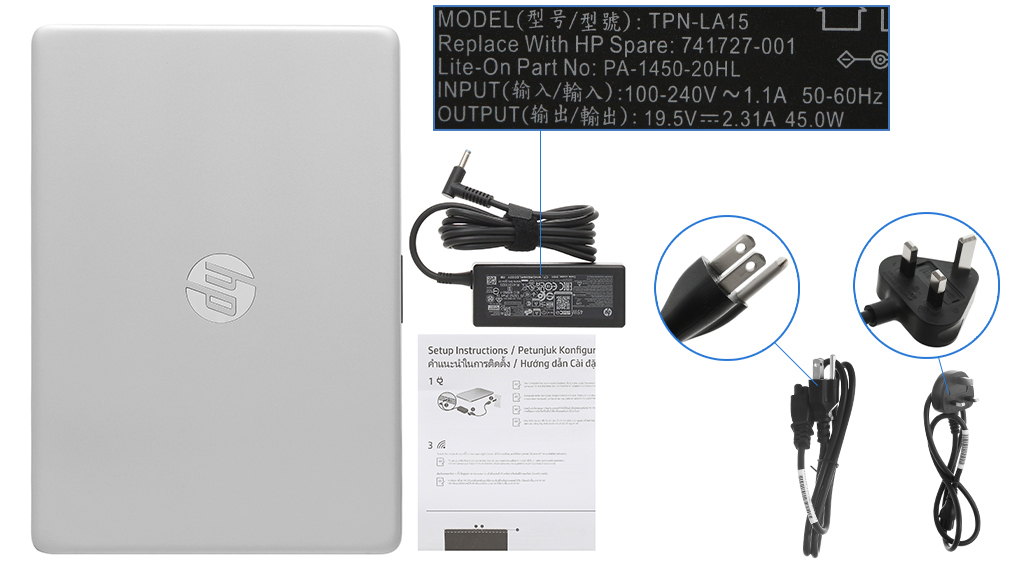 Bộ sản phẩm gồm: Dây nguồn ( 2 dây ) , Sách hướng dẫn, Thùng máy, Sạc Laptop HP