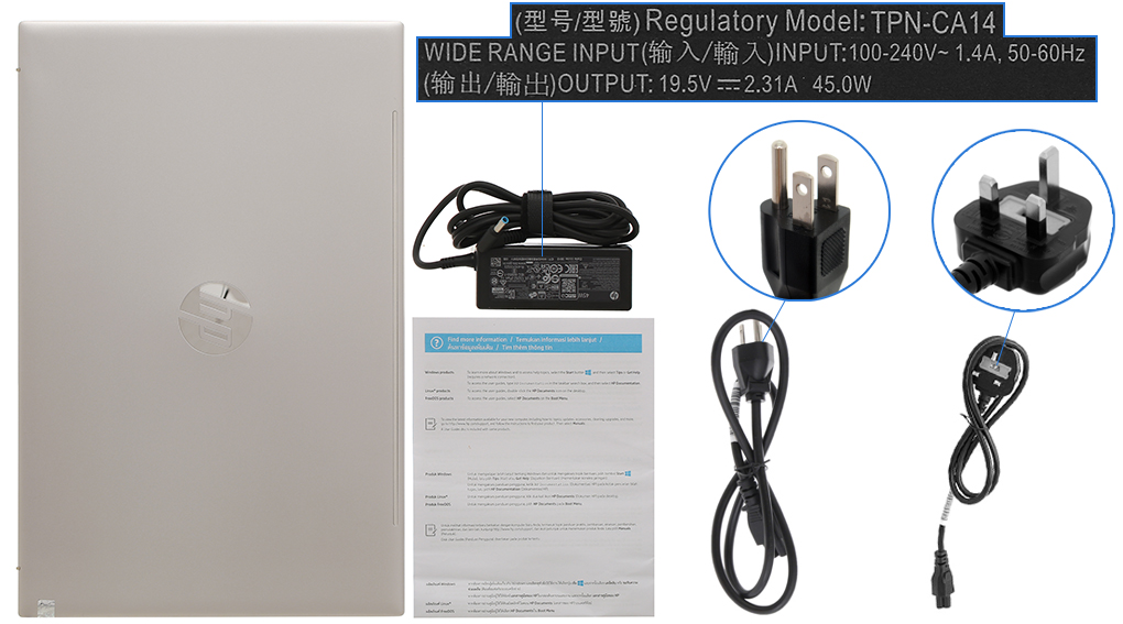 Bộ sản phẩm gồm: Dây nguồn ( 2 dây ) , Sách hướng dẫn, Thùng máy, Sạc Laptop HP