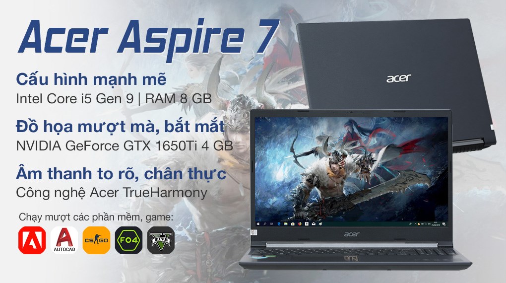Laptop Acer Aspire 7 Gaming A715 75G 52S5 i5 9300H/8GB/512GB/4GB GTX1650Ti/Balo/Win10 (NH.Q85SV.002)