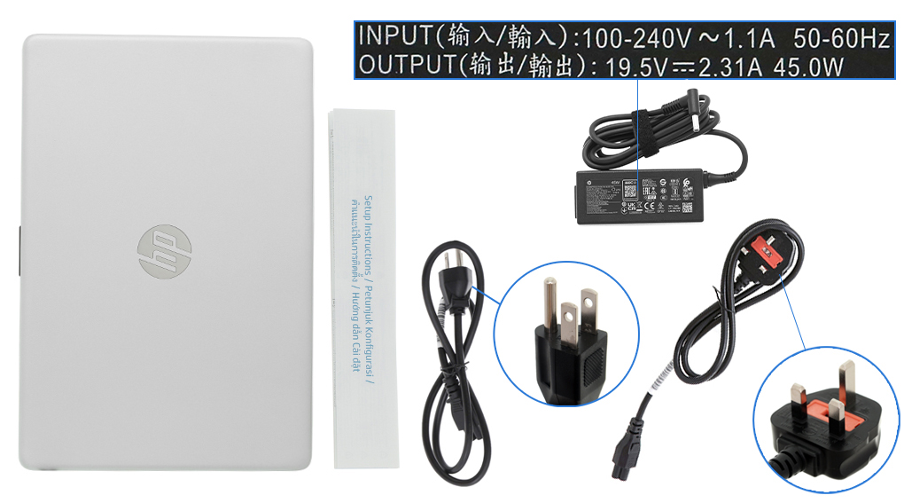 Bộ sản phẩm gồm: Dây nguồn, Sách hướng dẫn, Thùng máy, Sạc Laptop HP