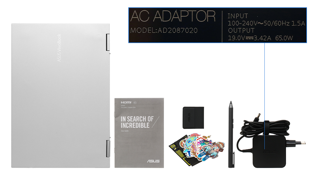 Bộ sản phẩm gồm: Bút cảm ứng, Thùng máy, Adapter sạc, Sạc Laptop Asus