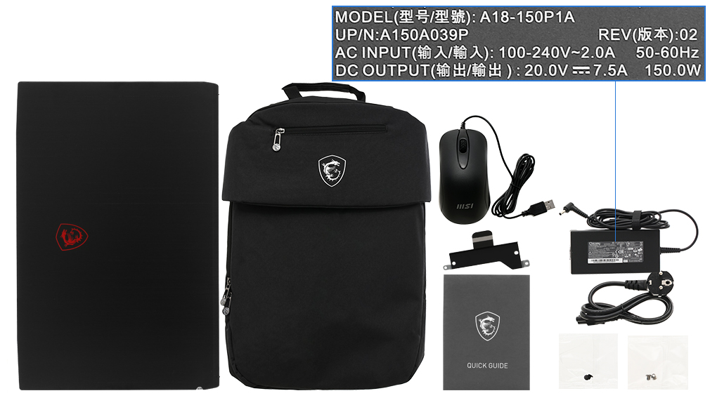 Bộ sản phẩm gồm: Dây nguồn, Sách hướng dẫn, Balo ( Trong thùng máy ) , Chuột ( Trong thùng máy ) , Thùng máy, Sạc Laptop MSI